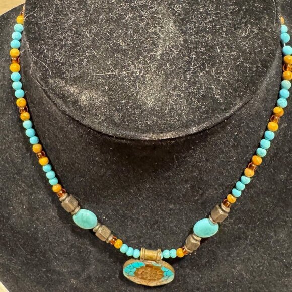 Beautiful Handmade Native American Faux Turquoise with Orgone Stone Pendant 16" - Picture 8 of 9